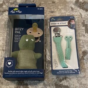 Itzy Ritzy Bitzy Pal Green Alligator Pacifier Set plus Itzy Ritzy sweetie strap.